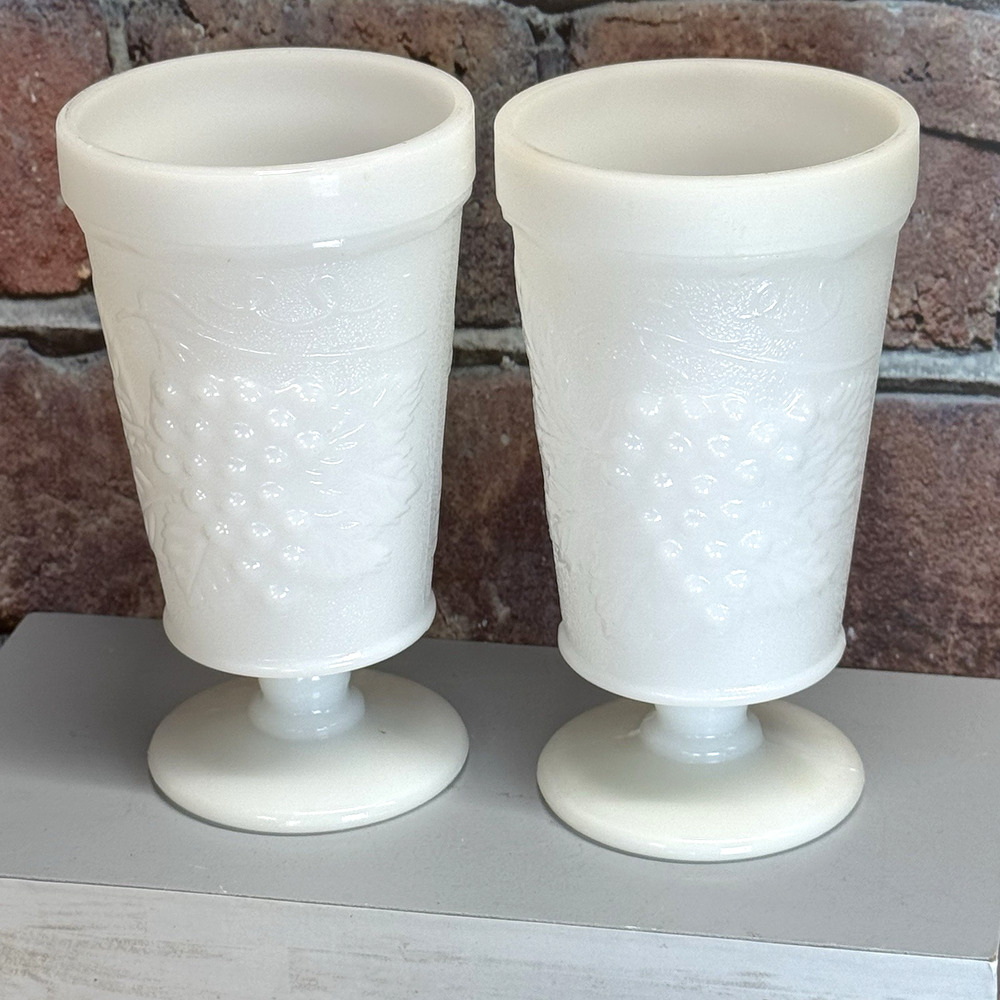 Set of 2 Vintage Footed Milk‎ Glass Tumblers Goblet Grape Harvest Anchor Hocking